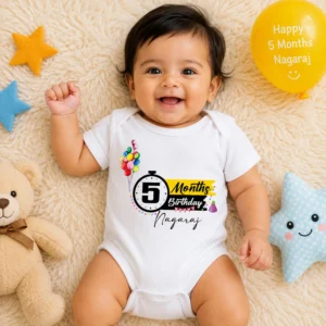 Baby girl wearing a personalized 5 months birthday onesie with custom name print, perfect for milestone photoshoot