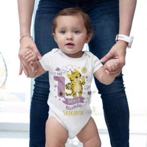 Baby wearing a personalized 1 month milestone onesie with tiger illustration and custom name print
