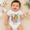 Baby wearing a personalized 1 month milestone onesie with tiger illustration and custom name print