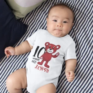 Baby wearing a personalized 10 months old onesie with teddy bear design and custom name printed on it