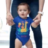 Baby wearing a blue personalized 2 month birthday onesie with giraffe design and custom name, ideal for milestone photoshoot