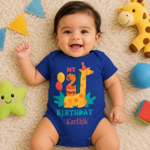 Baby wearing a blue personalized 2 month birthday onesie with giraffe design and custom name, ideal for milestone photoshoot