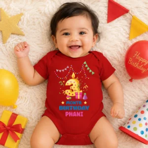 Baby wearing a personalized 3 month birthday onesie with candle design and custom name, perfect for milestone photoshoot