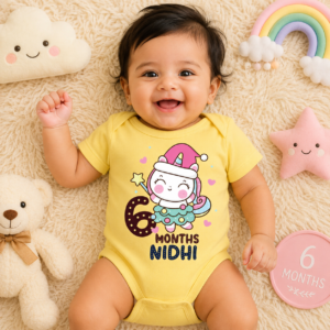 Baby wearing a personalized 6 months milestone onesie with custom name and cute unicorn design