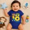 Baby wearing a personalized 8 month milestone blue onesie with cartoon monkey design and custom name printed