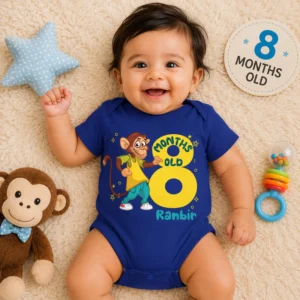 Baby wearing a personalized 8 month milestone blue onesie with cartoon monkey design and custom name printed