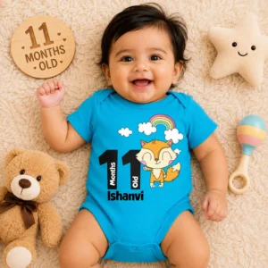 Baby girl wearing a personalized milestone onesie with name and 11 months print featuring a cute fox and rainbow design