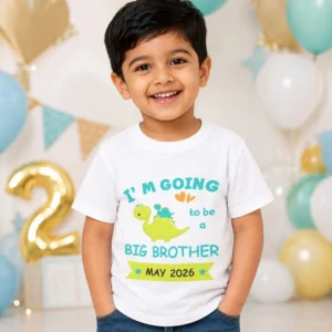 Toddler wearing a personalized big brother announcement T-shirt with cute dinosaur design and due date print outdoors