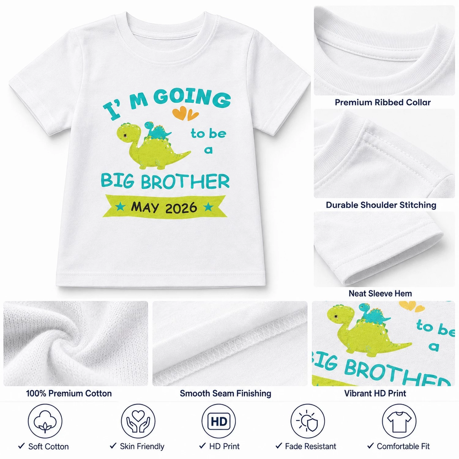 Personalized Big Brother Sister Announcement T-Shirt for Kids โ Custom Month & Year - Image 4