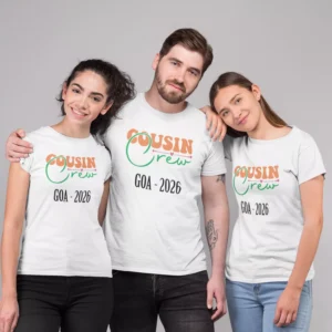 Three friends wearing matching personalized cousin crew Goa 2026 travel t-shirts designed for group vacations and family trips