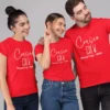 Group of cousins wearing matching red personalized Cousin Crew t-shirts with Manali trip 2026 print for family vacation