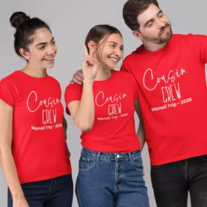 Group of cousins wearing matching red personalized Cousin Crew t-shirts with Manali trip 2026 print for family vacation