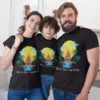 Family wearing matching personalized Bali vacation T-shirts with sunset and palm tree design, customized with name and travel date