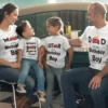 Family wearing personalized matching birthday T-shirts with custom names for mom, dad, brother, and sister celebrating together