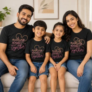 Family of four wearing matching black Making Memories Together family vacation T-shirts for parents and kids