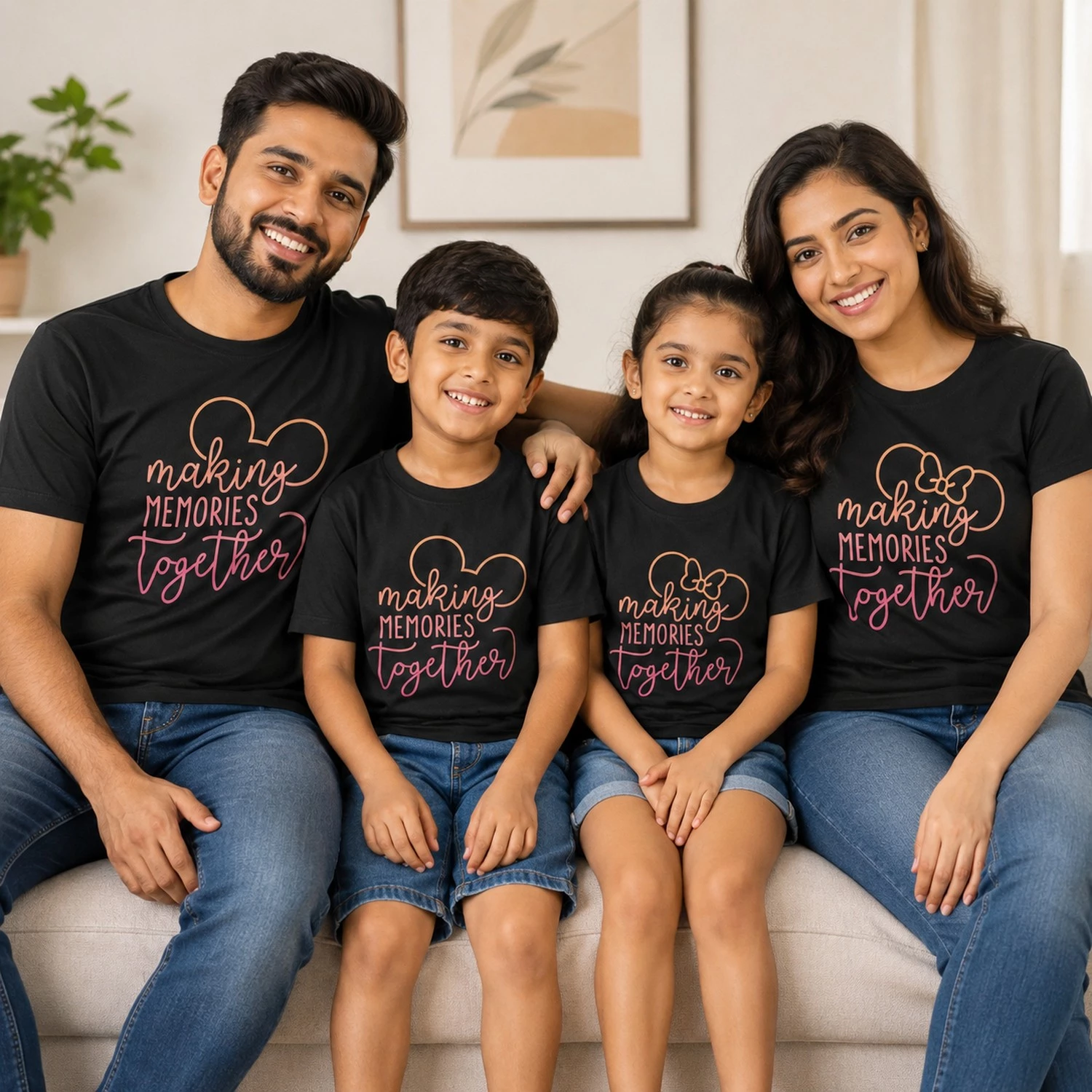 Family of four wearing matching black Making Memories Together family vacation T-shirts for parents and kids