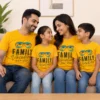 Family wearing matching yellow Family Vacation Goa 2026 T-shirts with sunglasses and tropical palm tree artwork