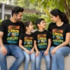 Matching black family vacation T-shirts for parents and kids featuring colorful Goa 2026 beach and palm tree design