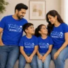 Family of four wearing matching blue Family Vacation 2026 T-shirts for parents and kids with white palm tree and travel design