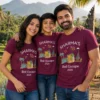 Family wearing personalized maroon Sharma's Bali Escape 2026 matching vacation T-shirts with tropical Bali artwork