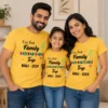 Family wearing matching yellow Our First Family International Trip Bali 2024 T-shirts with personalized travel design
