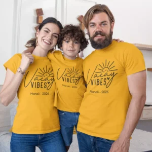 Family of three wearing matching yellow personalized vacation t-shirts with custom location and year print for a travel trip