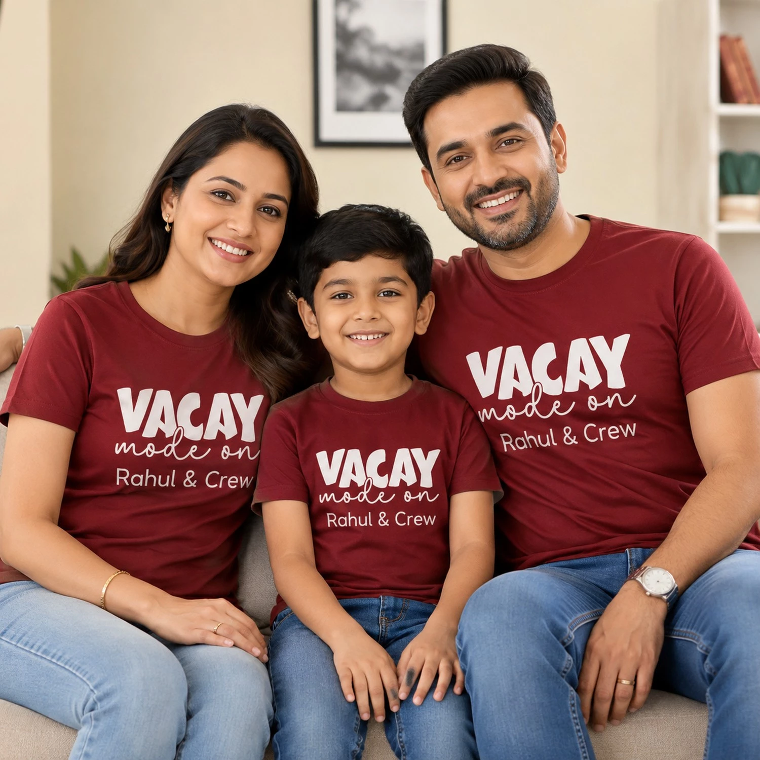 Family wearing matching maroon Vacay Mode On vacation T-shirts personalized with Rahul and Crew text