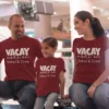 Family wearing matching red personalized “Vacay Mode On” T-shirts with custom name printed, perfect for travel and vacation outfits