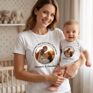 Mother and baby wearing personalized first Mother’s Day matching T-shirt and romper with custom names