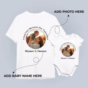 Mother and baby wearing personalized first Mother’s Day matching T-shirt and romper with custom names