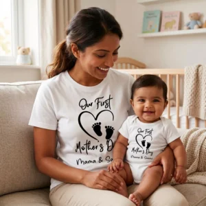 Customized mom and baby matching t-shirt and romper set with baby name for first Mother’s Day celebration