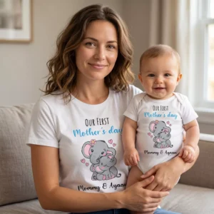 Mother and baby wearing personalized matching t-shirt and romper set with custom name for first Mother’s Day celebration
