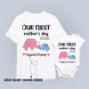 Mother and baby wearing personalized matching first Mother’s Day T-shirt and romper with custom name and year