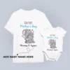 Mother and baby wearing personalized matching t-shirt and romper set with custom name for first Mother’s Day celebration