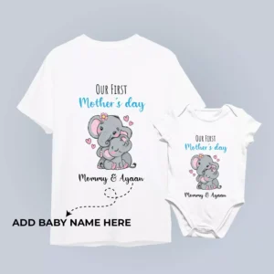 Mother and baby wearing personalized matching t-shirt and romper set with custom name for first Mother’s Day celebration