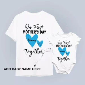 Mother and baby wearing personalized matching t-shirt and romper set with names for first Mother’s Day celebration