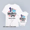 Mother and baby wearing personalized first Mother’s Day matching t-shirt and romper with custom names printed, ideal for gifting and photoshoot