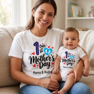 Mother and baby wearing personalized first Mother’s Day matching t-shirt and romper with custom names printed, ideal for gifting and photoshoot