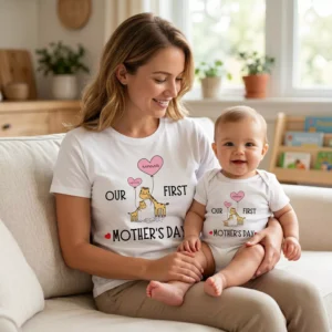 Personalized mom and baby matching t-shirt and romper set for first Mother’s Day with custom name printed, ideal for gifting and photoshoot