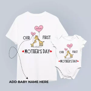Personalized mom and baby matching t-shirt and romper set for first Mother’s Day with custom name printed, ideal for gifting and photoshoot