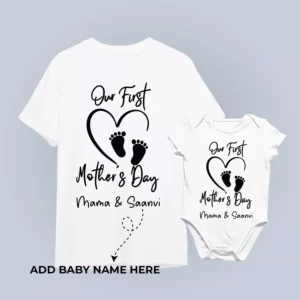 Customized mom and baby matching t-shirt and romper set with baby name for first Mother’s Day celebration