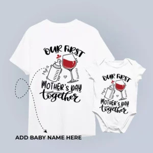 Personalized mom and baby matching t-shirt and romper set with custom baby name for first Mother’s Day celebration