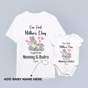 Personalized mom and baby matching T-shirt and romper set for first Mother’s Day with custom name and year