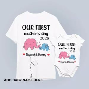 Mother and baby wearing personalized matching first Mother’s Day T-shirt and romper with custom name and year