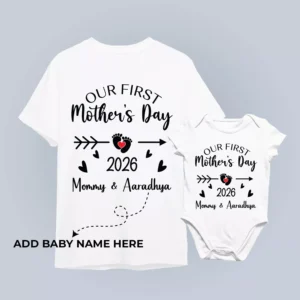Customized mom and baby matching T-shirt and romper set for first Mother’s Day with name and year personalization