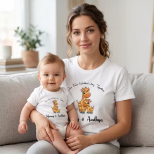 Mother and baby wearing personalized matching t-shirt and romper set for first Mother’s Day with custom names printed