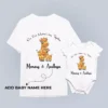Mother and baby wearing personalized matching t-shirt and romper set for first Mother’s Day with custom names printed