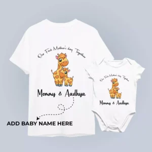 Mother and baby wearing personalized matching t-shirt and romper set for first Mother’s Day with custom names printed