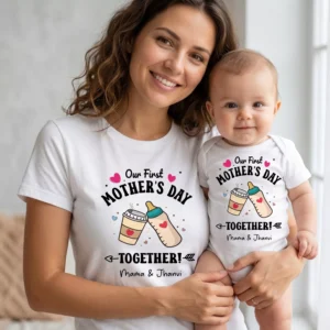 Mother and baby wearing personalized matching t-shirt and romper set for first Mother’s Day with custom names printed