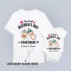 Mother and baby wearing personalized matching t-shirt and romper set for first Mother’s Day with custom names printed